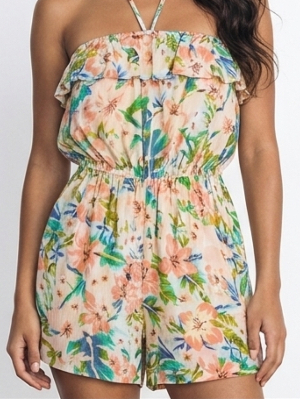 Raya Sun Floral Tube Top Halter Romper Medium Yellow Pink Boho Strapless Summer